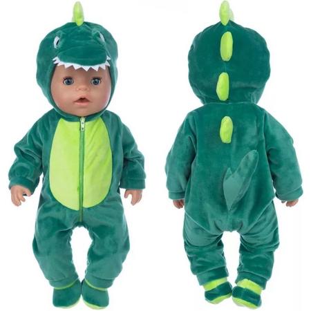 Poppenkleertjes - Geschikt voor Baby Born - Groene onesie - Dinosaurus - Kleding voor babypop - Met slofjes